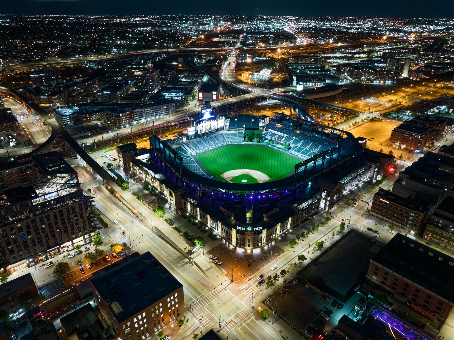 Coors Field aerial view at night