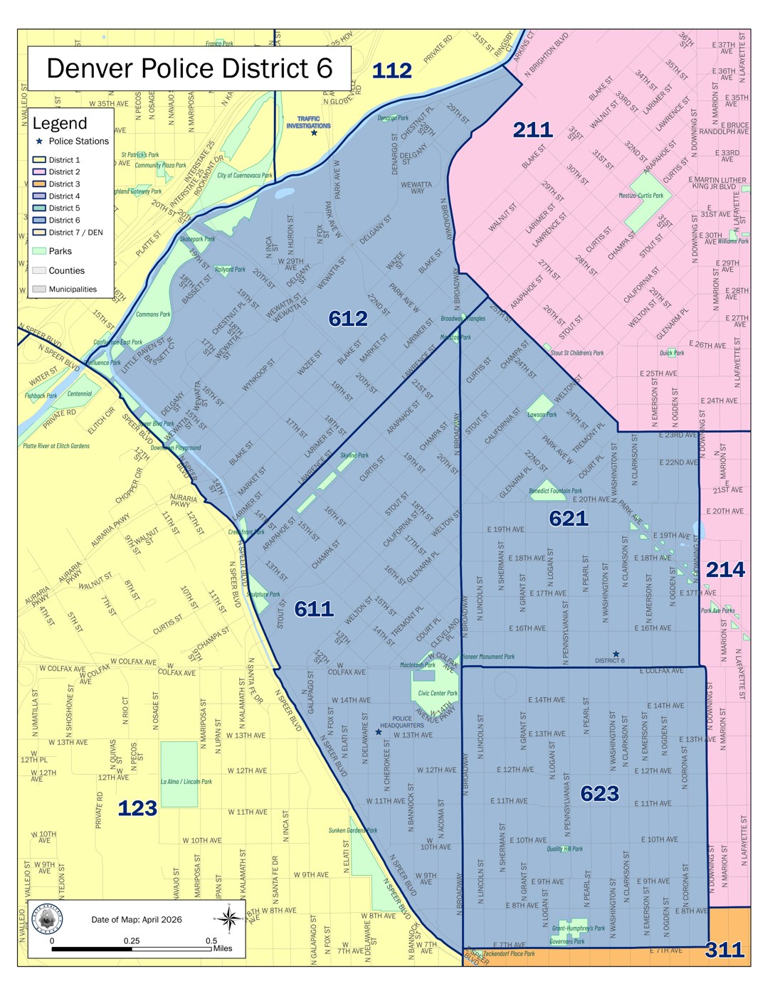 Map of Denver Police District 6 boundaries and precincts covering downtown Denver and the Ballpark District
